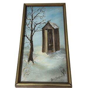 Berta Blackburn hand painted stretched canvas winter 17x 9” VTG framed painting